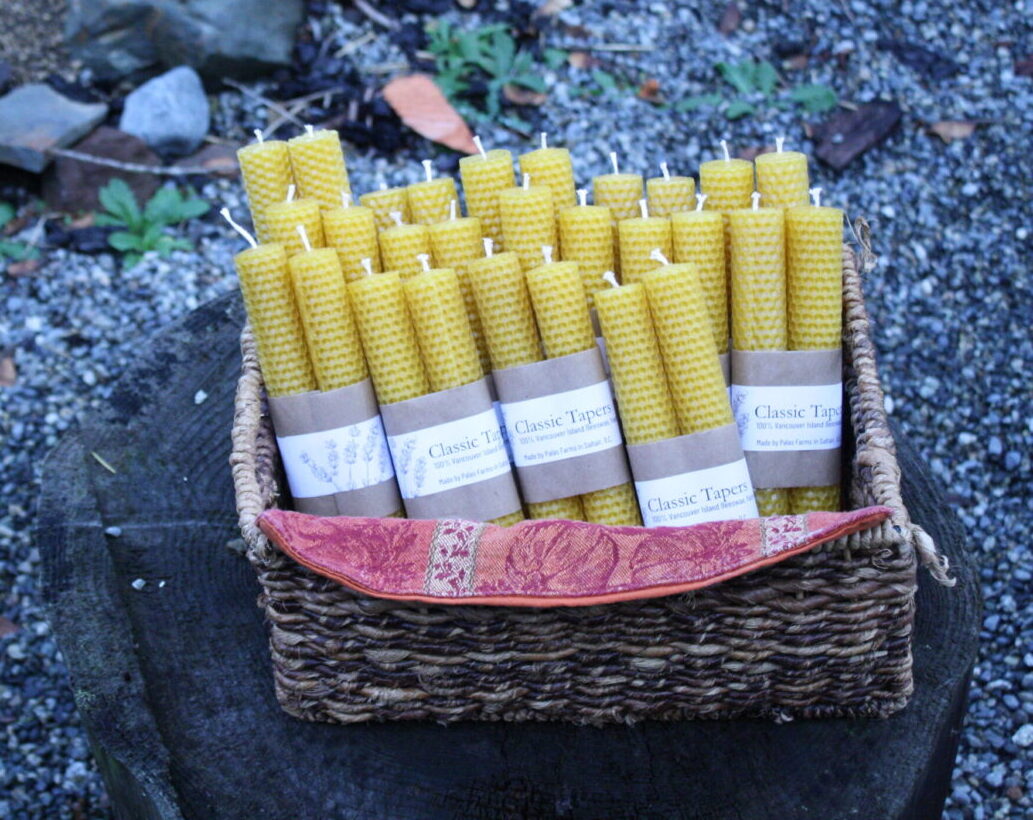 Beeswax candles Sets of two classic taper candles in a basket ready for sale.